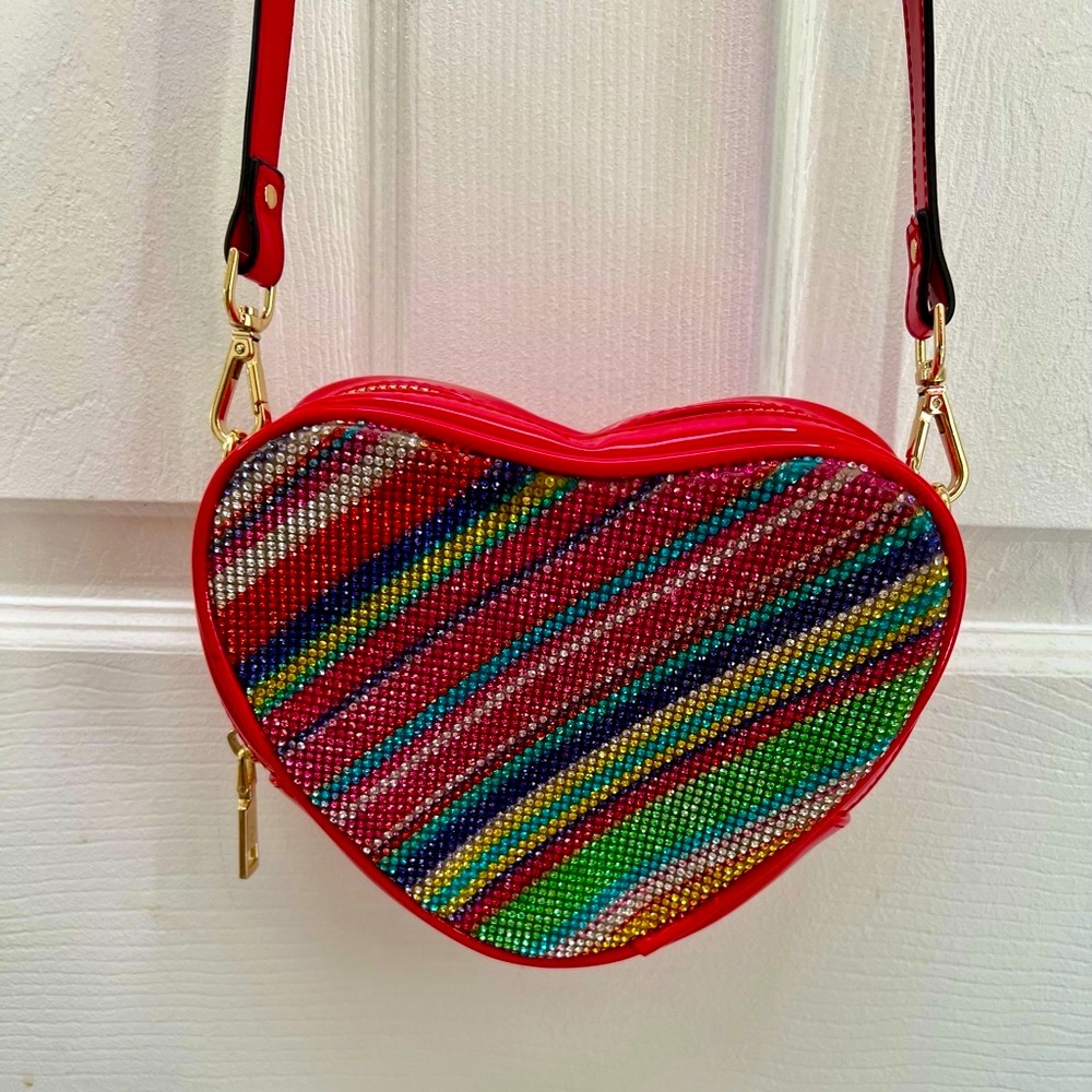 Betsey Johnson Rainbow Rhinestone Heart Crossbody Purse Red Vegan Patent Leather